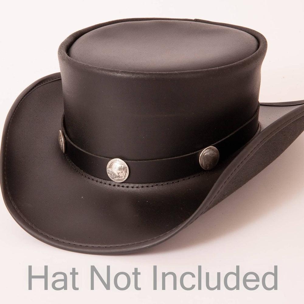 Buffalo Black Leather Band with Replica Buffalo Nickels on a black top hat