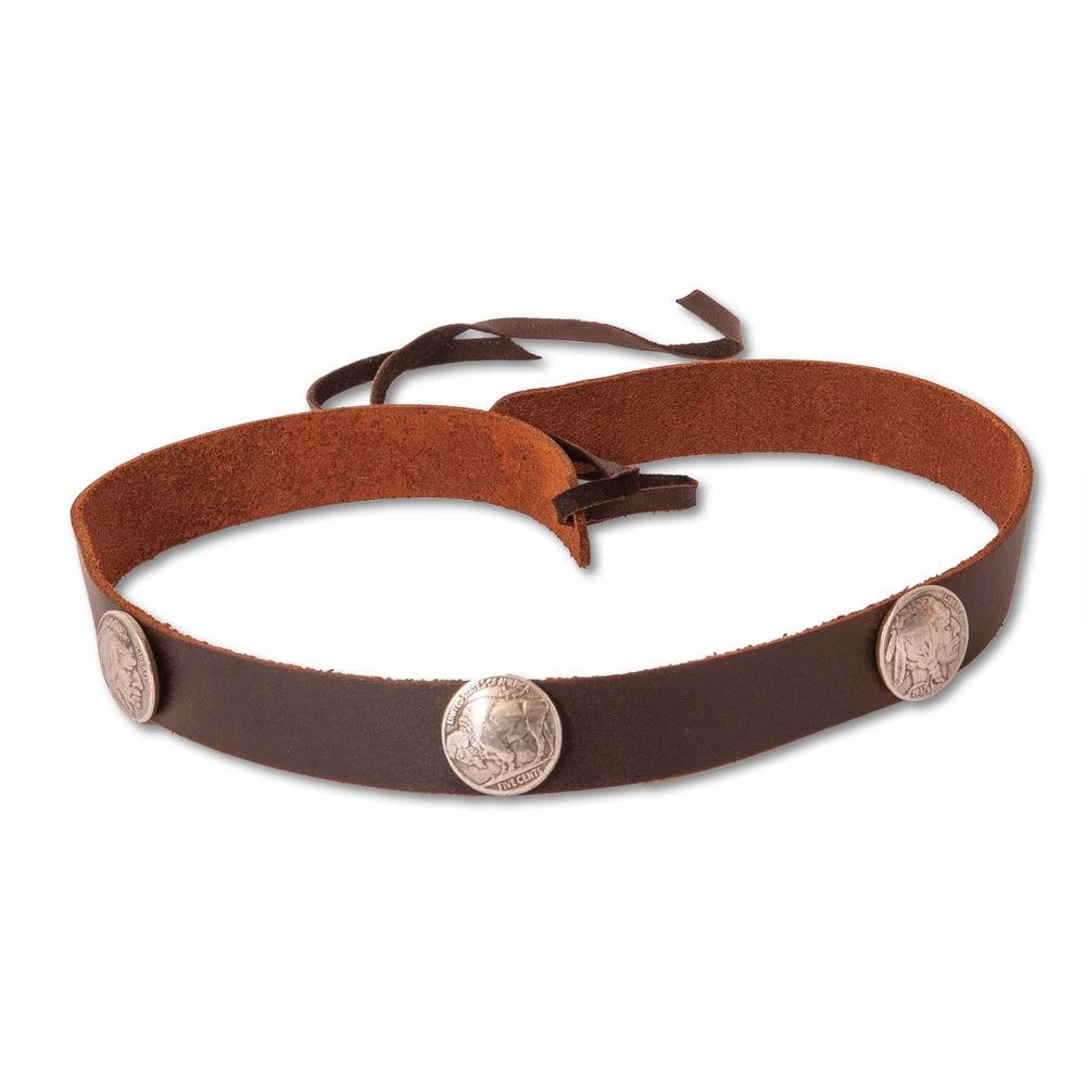 A front view of a Buffalo Brown Leather Band with Replica Buffalo Nickels