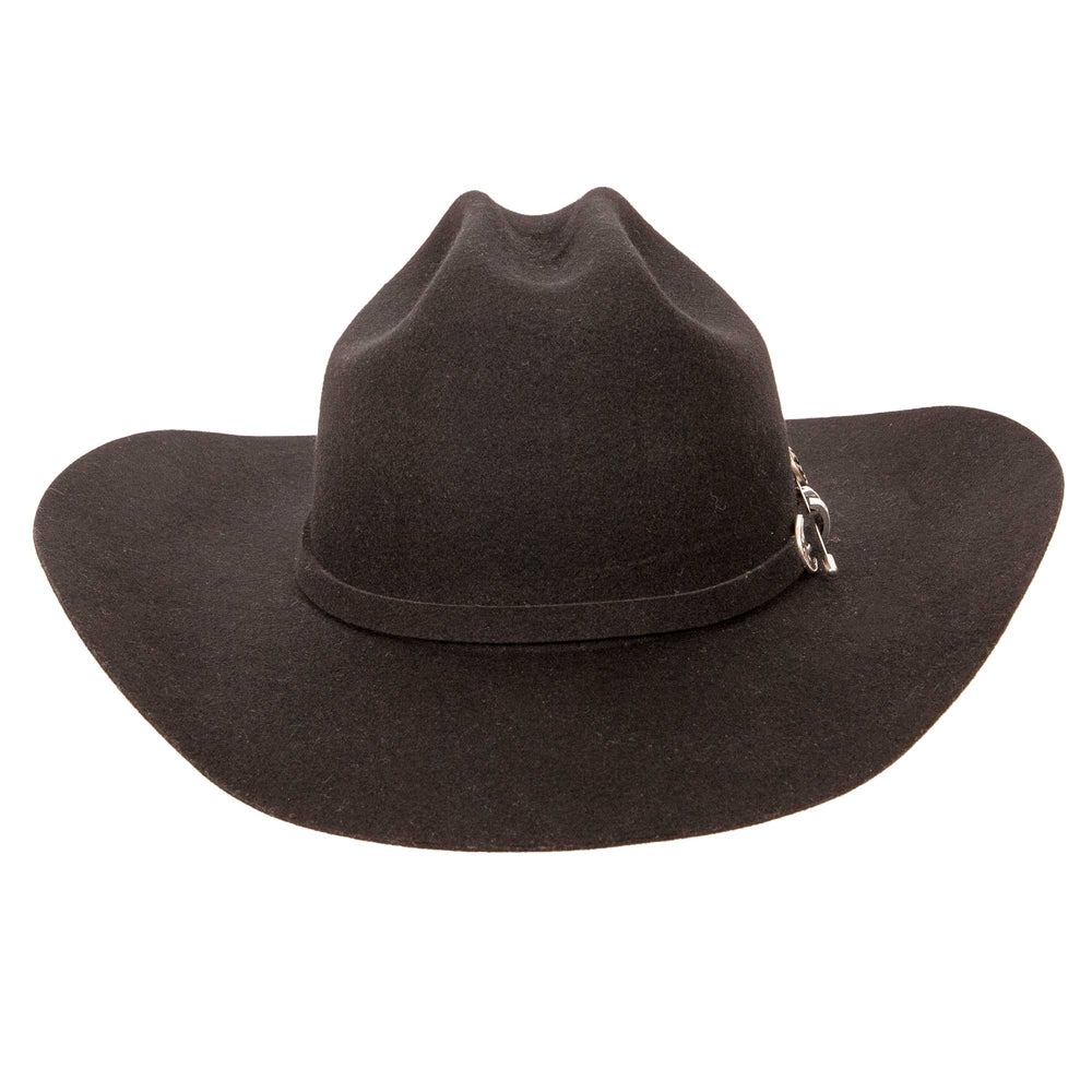 a front view of a cattleman black felt cowboy hat