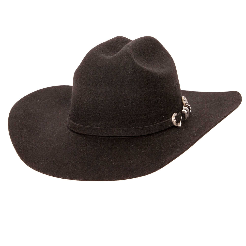 An angled view of black felt hat