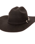 An angled view of black felt hat