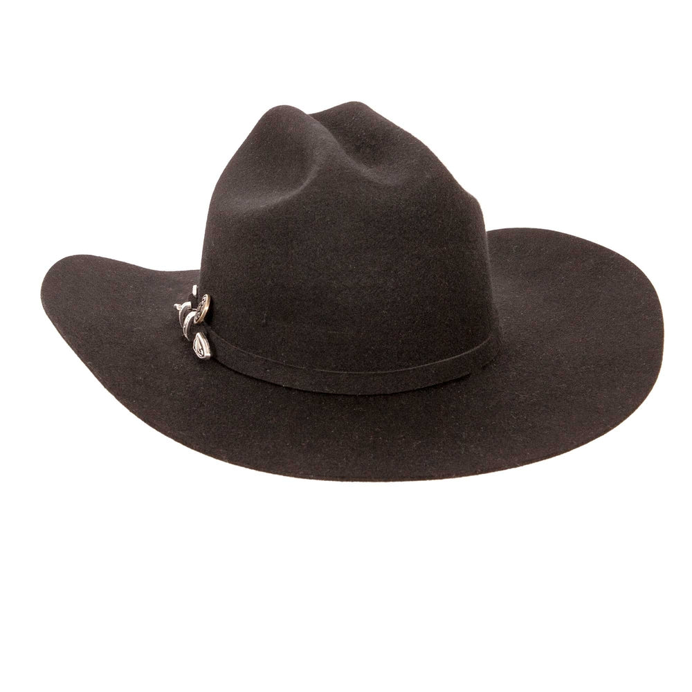 A back view of a cattleman black felt cowboy hat