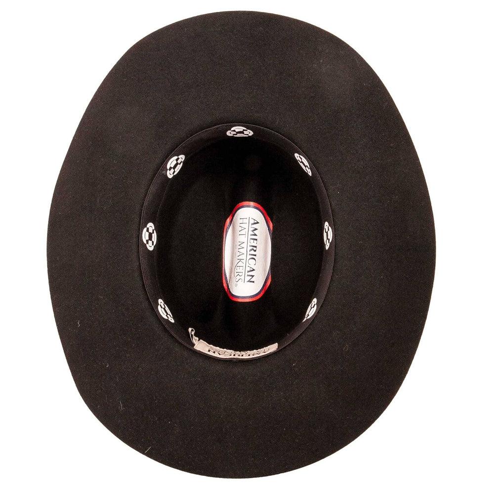 A bottom view of a Black Cattleman Felt Cowboy Hat 
