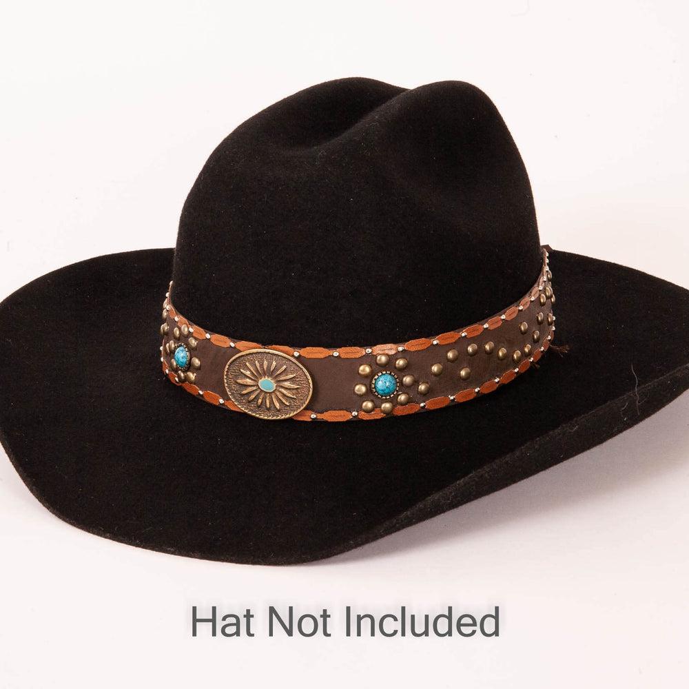 A dallas designed brown hat band  on a black felt hat
