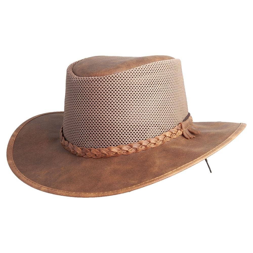 A angle view of a Breeze Copper Leather Mesh Sun Hat