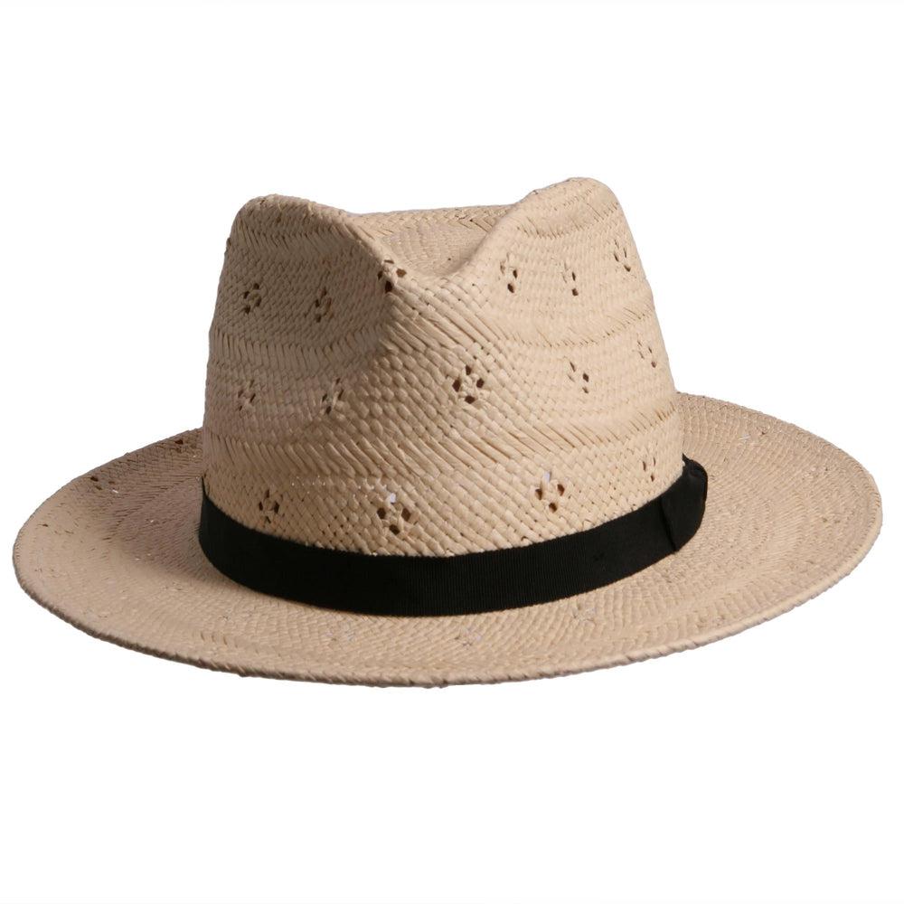 A front view of cream Dimitri fedora straw hat