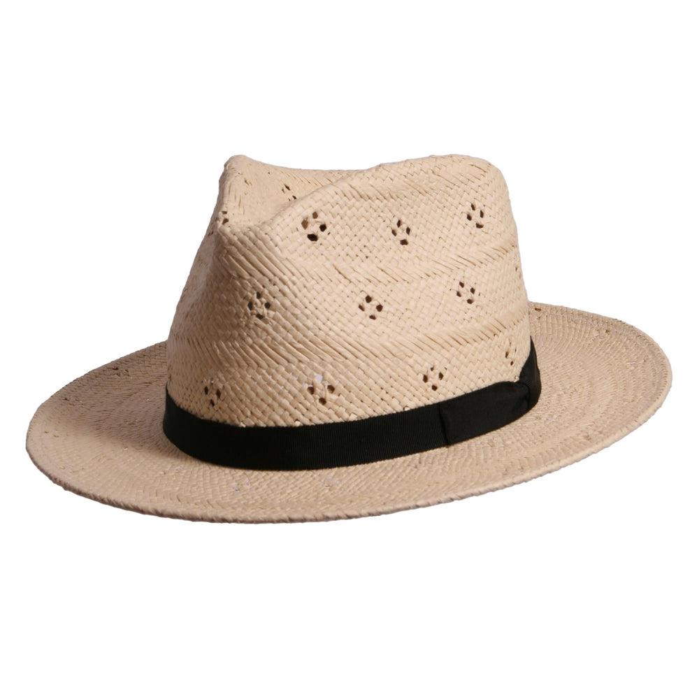 An angle view of cream Dimitri fedora straw hat