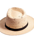 A rear view of a cream Dimitri  fedora straw hat