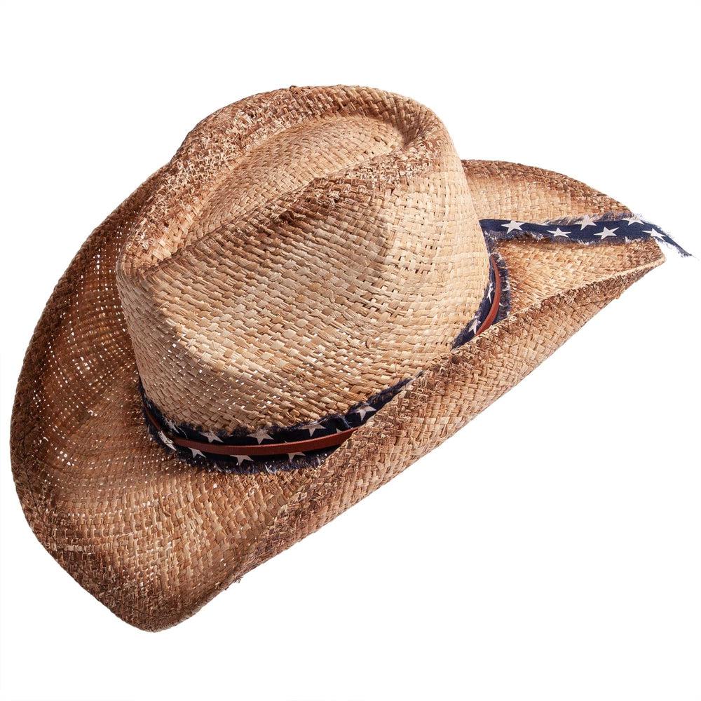 An angle side view Dusty brown straw cowboy hat 