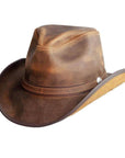 An angle view of a Leather Cowboy Hat 