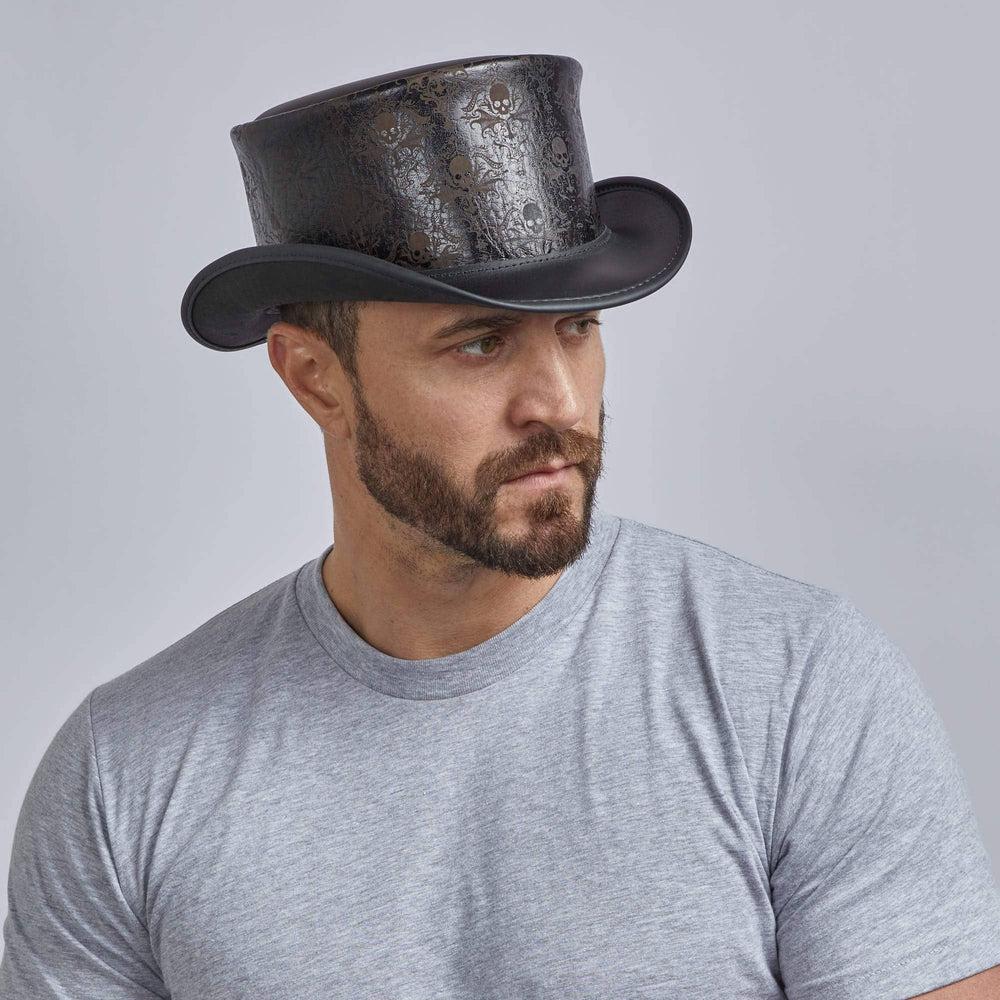 a man wearing the Royal Skull Leather Black Top Hat 