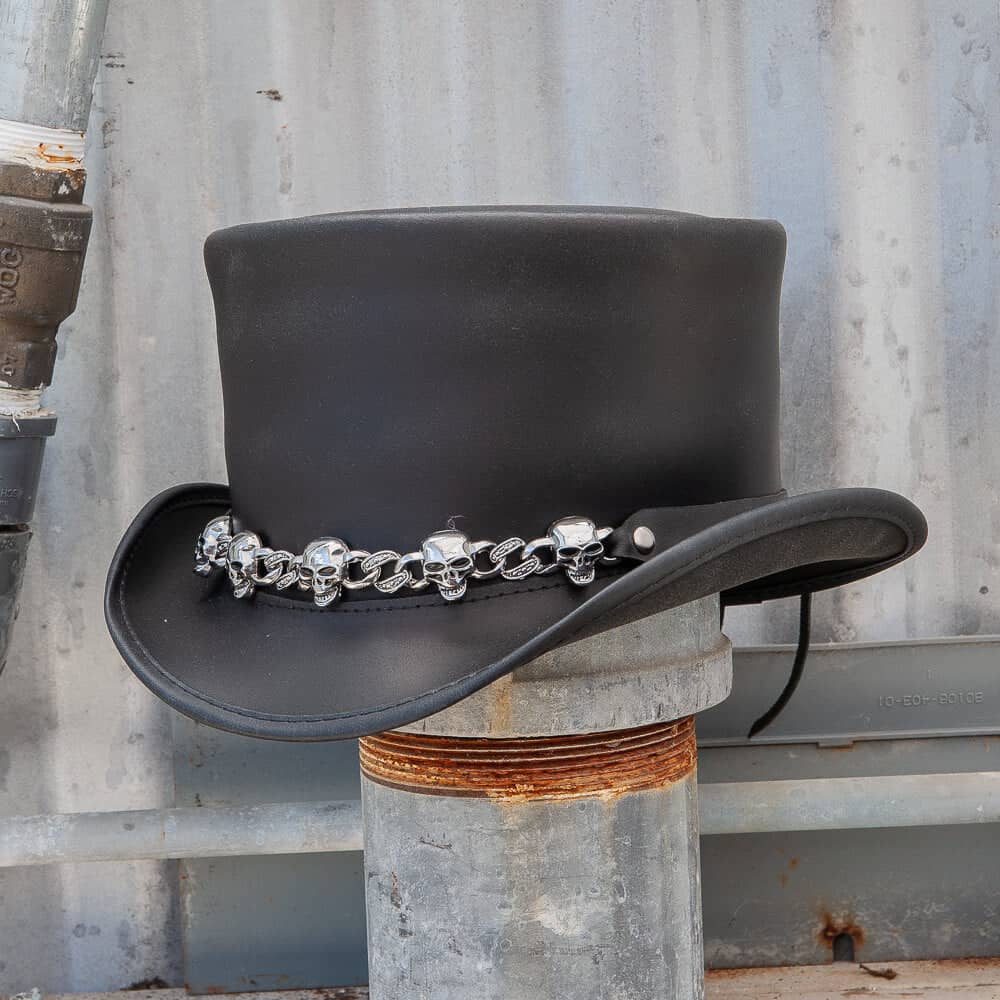 El Dorado Black Leather Top Hat with a 5 Skull Band by American Hat Makers