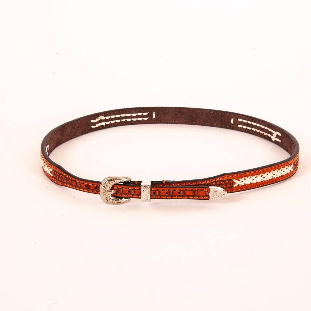 A back view of a Fargo Tooled Leather Cowboy Hat Band with silver buckle