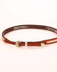 A back view of a Fargo Tooled Leather Cowboy Hat Band with silver buckle