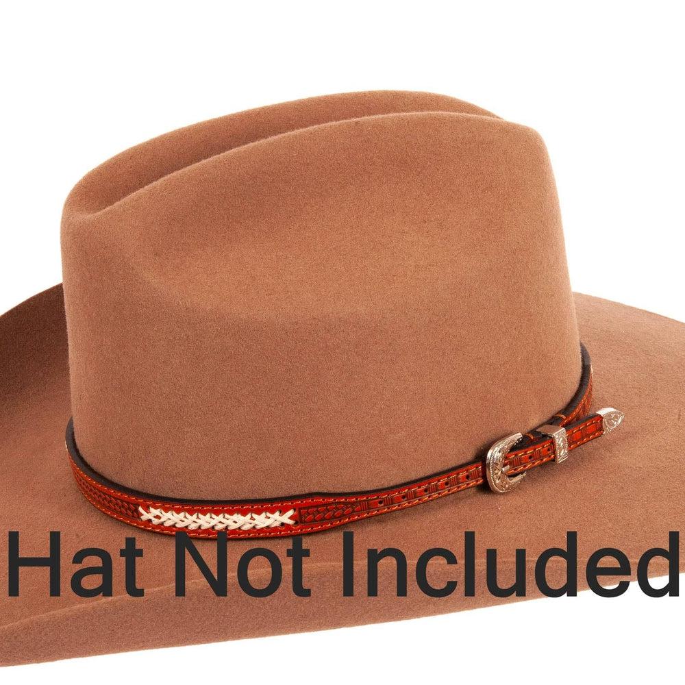 Fargo Tooled Leather Cowboy Hat Band with silver buckle on a brown hat
