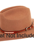 Fargo Tooled Leather Cowboy Hat Band with silver buckle on a brown hat