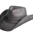 An angle view of a Hollywood Black Leather Cowboy Hat 