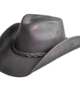An angle view of a Hollywood Black Leather Cowboy Hat