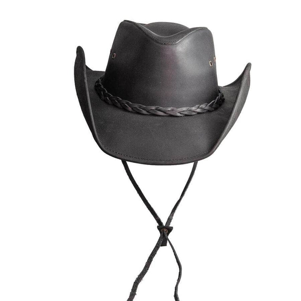 A front view of a Hollywood Black Leather Cowboy Hat