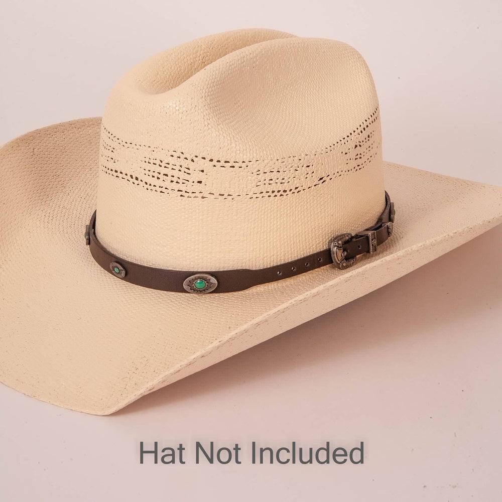 Jaded Leather Cowboy Hat Band with Silver Buckle on a cream hat