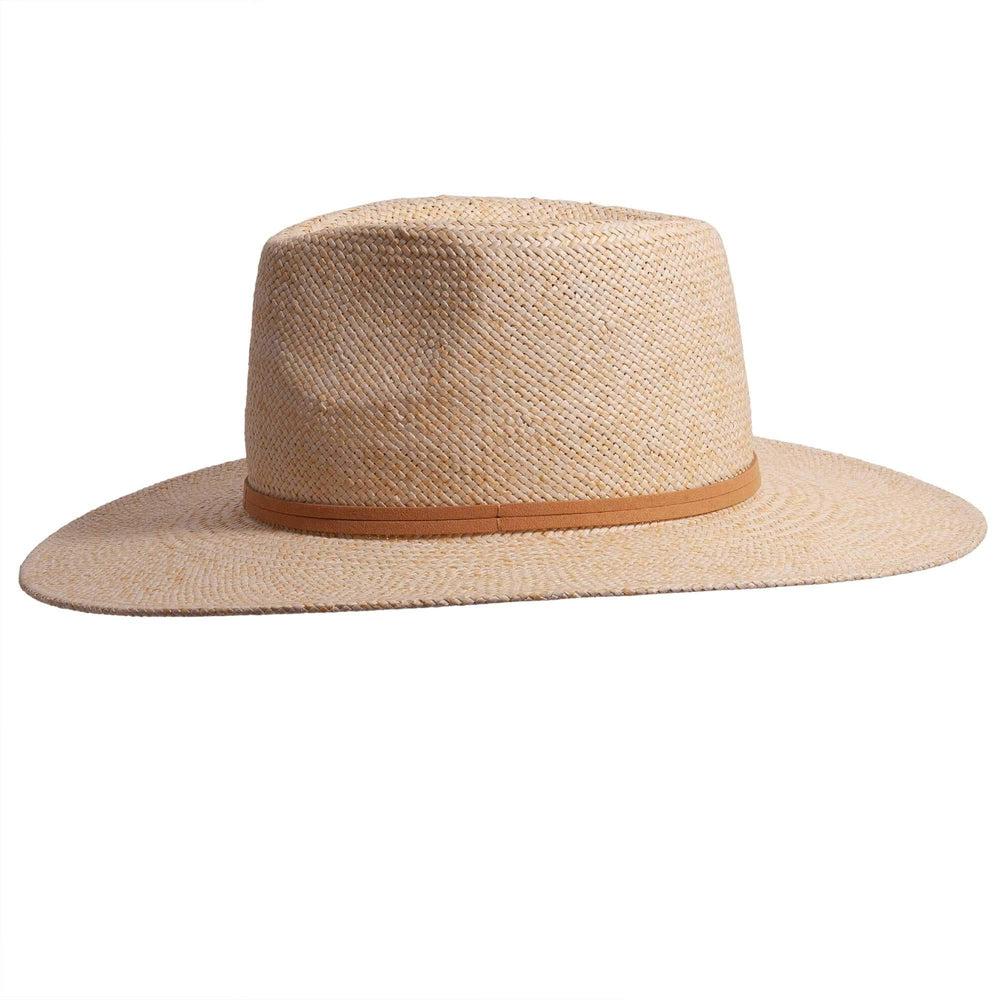 A side view of Johvan cream straw sun hat 