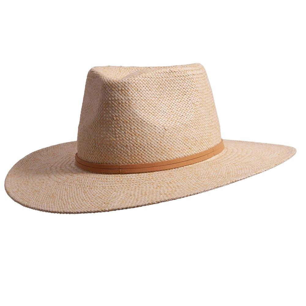 An angled view of Johvan cream straw sun hat