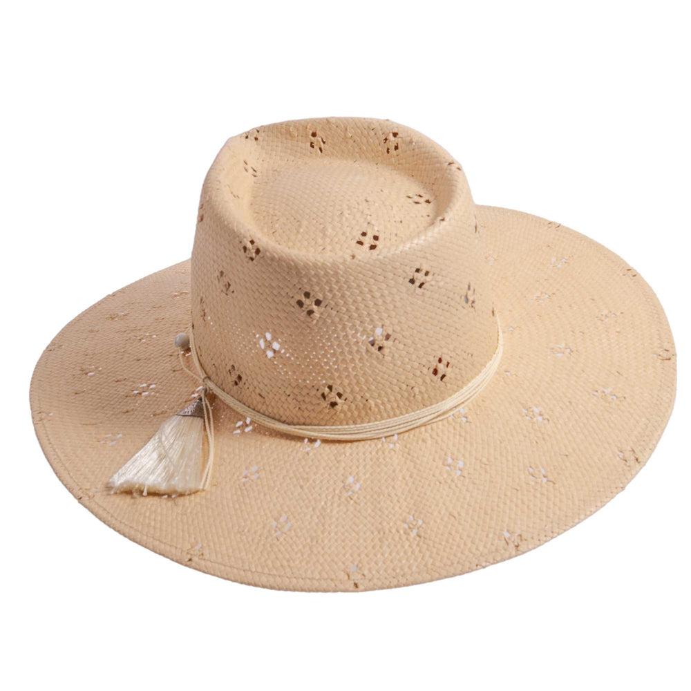 A top left view of Lena cream straw sun hat 