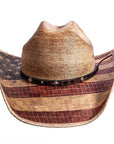 A back view of Liberty US flag designed straw cowboy hat
