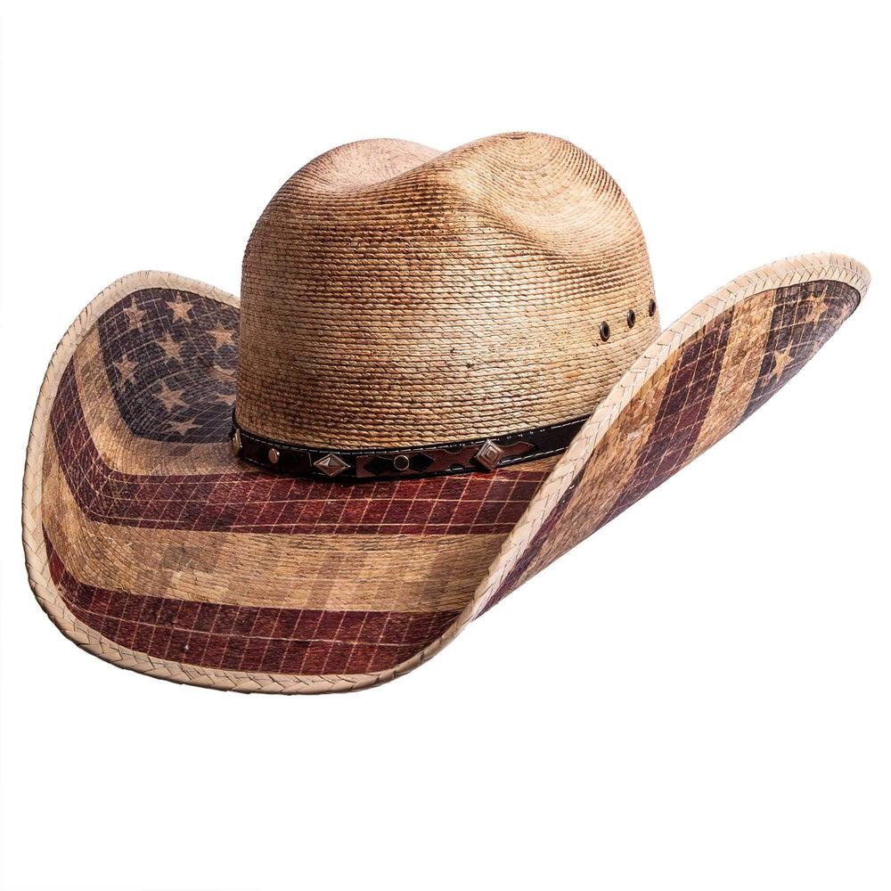 A back angled view of Liberty US flag designed straw cowboy hat 