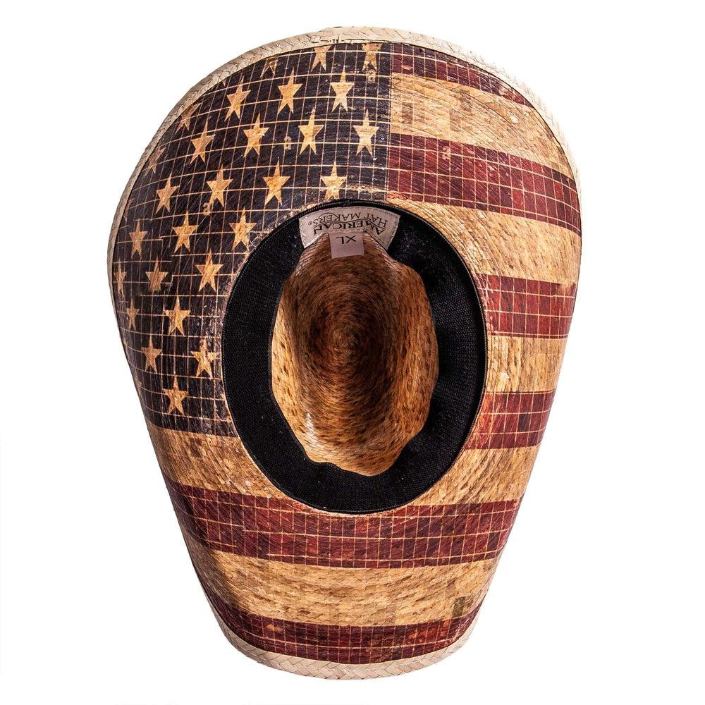 An bottom view of Liberty US flag designed straw cowboy hat