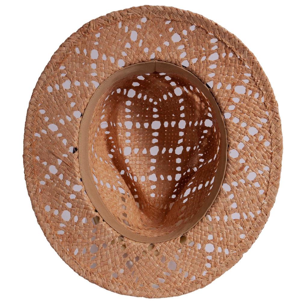 An bottom view of a brown Markie fedora hat