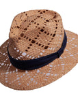 An angle left side view of Markie brown fedora straw hat