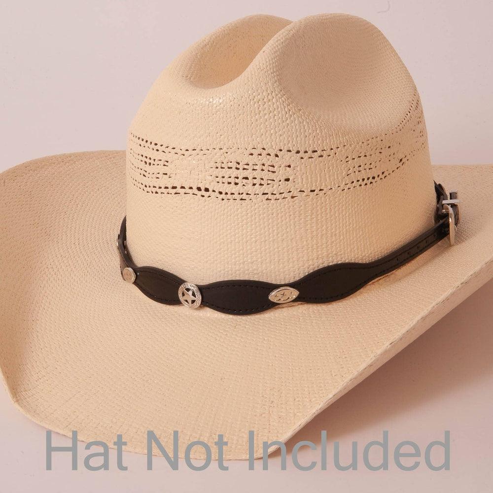Marshall Black Leather Cowboy Hat Band on a cream hat