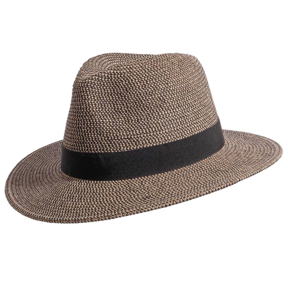 An Angle view of Nero black straw sun hat 