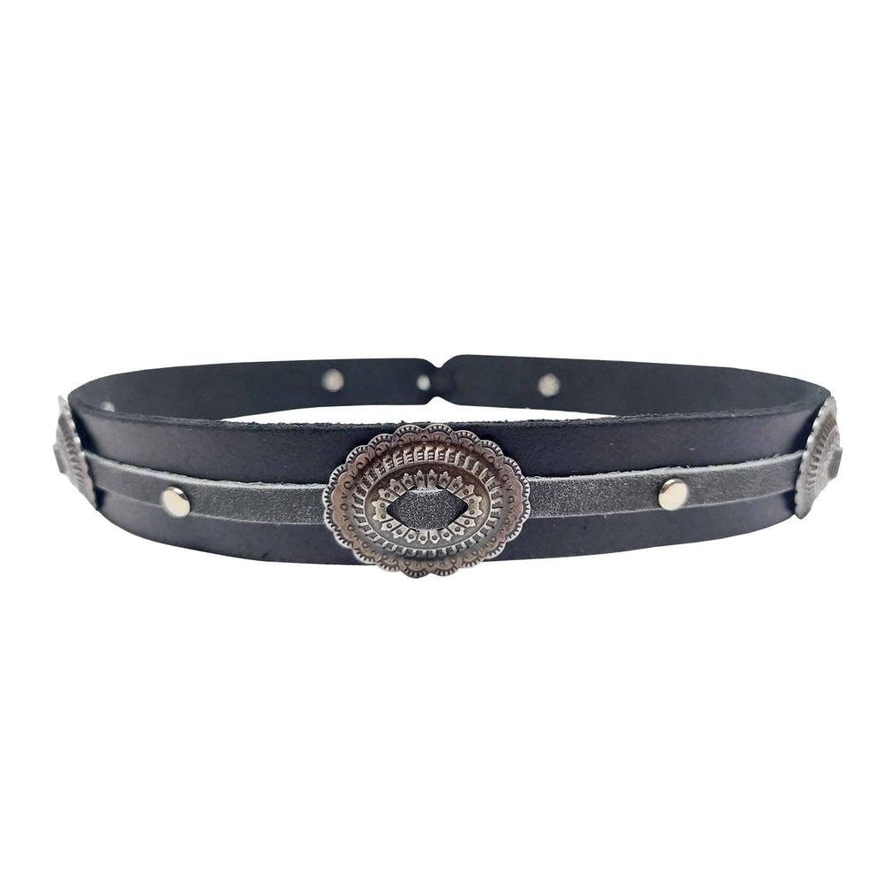A front view of a Grey Cowboy leather western hat band