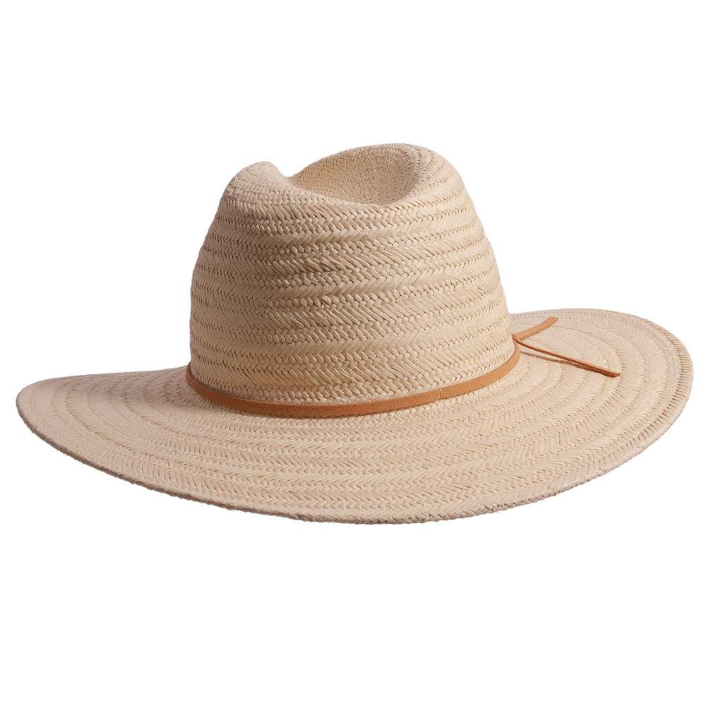 A right side view of Paulo brown straw sun hat 