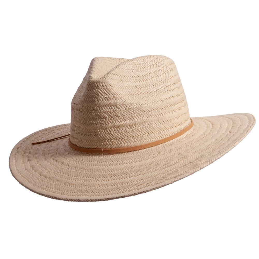A side angle view of Paulo brown straw sun hat 