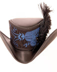 A front view of a Reversible Ren Blue & Purple Leather Hat 