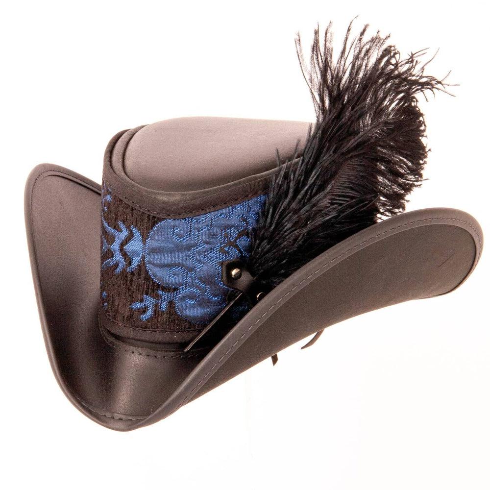 An angle view of a  Reversible Ren Blue & Purple Leather Fabric Hat