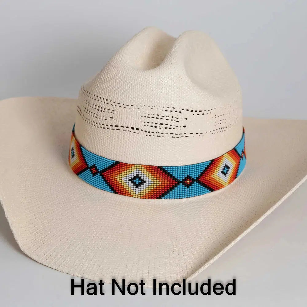 shawnee multicolor beaded hat band shown on a straw cowboy hat