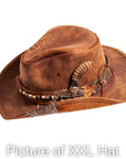 A side view of a sidewinder brown hat