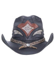 A front view of a Black Finished Storm Cowboy Hat with Double Rattle Band 