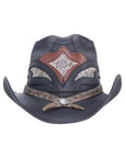 A front view of a Black Finished Storm Cowboy Hat with Double Rattle Band