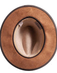 A bottom view of a Summit Oatmeal Fedora Leather Hat