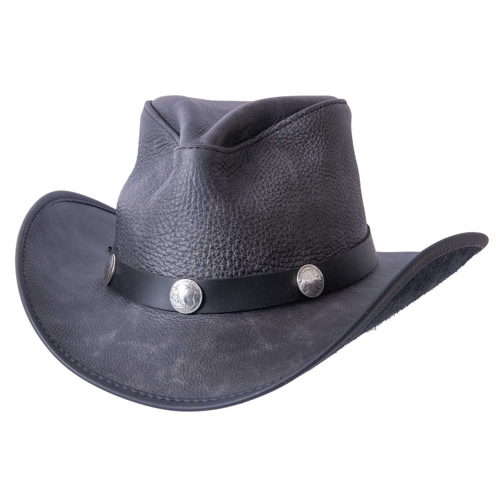 An front view of a Cyclone Black Leather Cowboy Hat with 3&quot; Brim and 4&quot; Crown 
