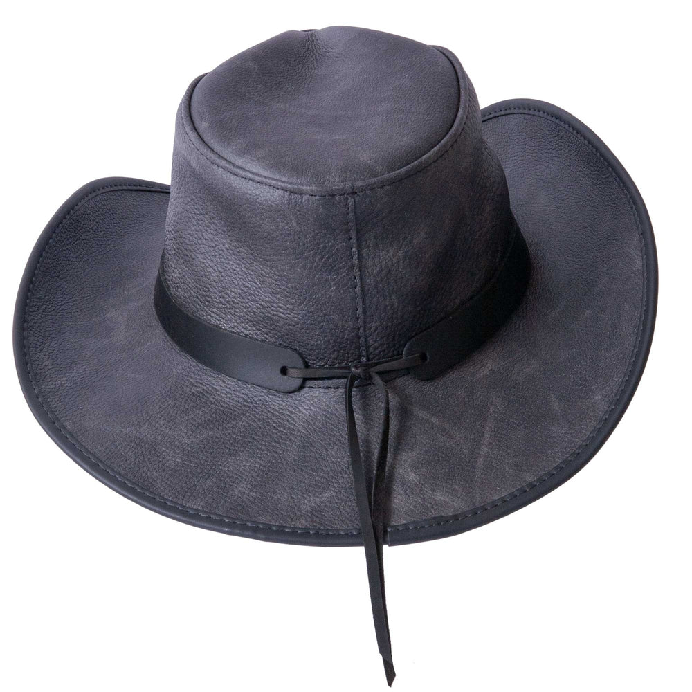 A back view of a Cyclone Black Leather Cowboy Hat with 3&quot; Brim and 4&quot; Crown 