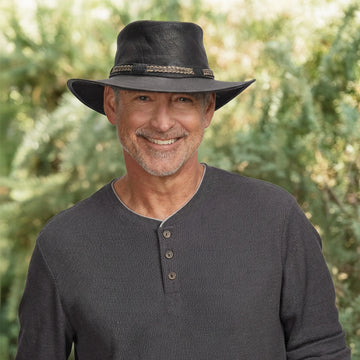 Bison | Mens Black Bison Leather Packable Outback Hat
