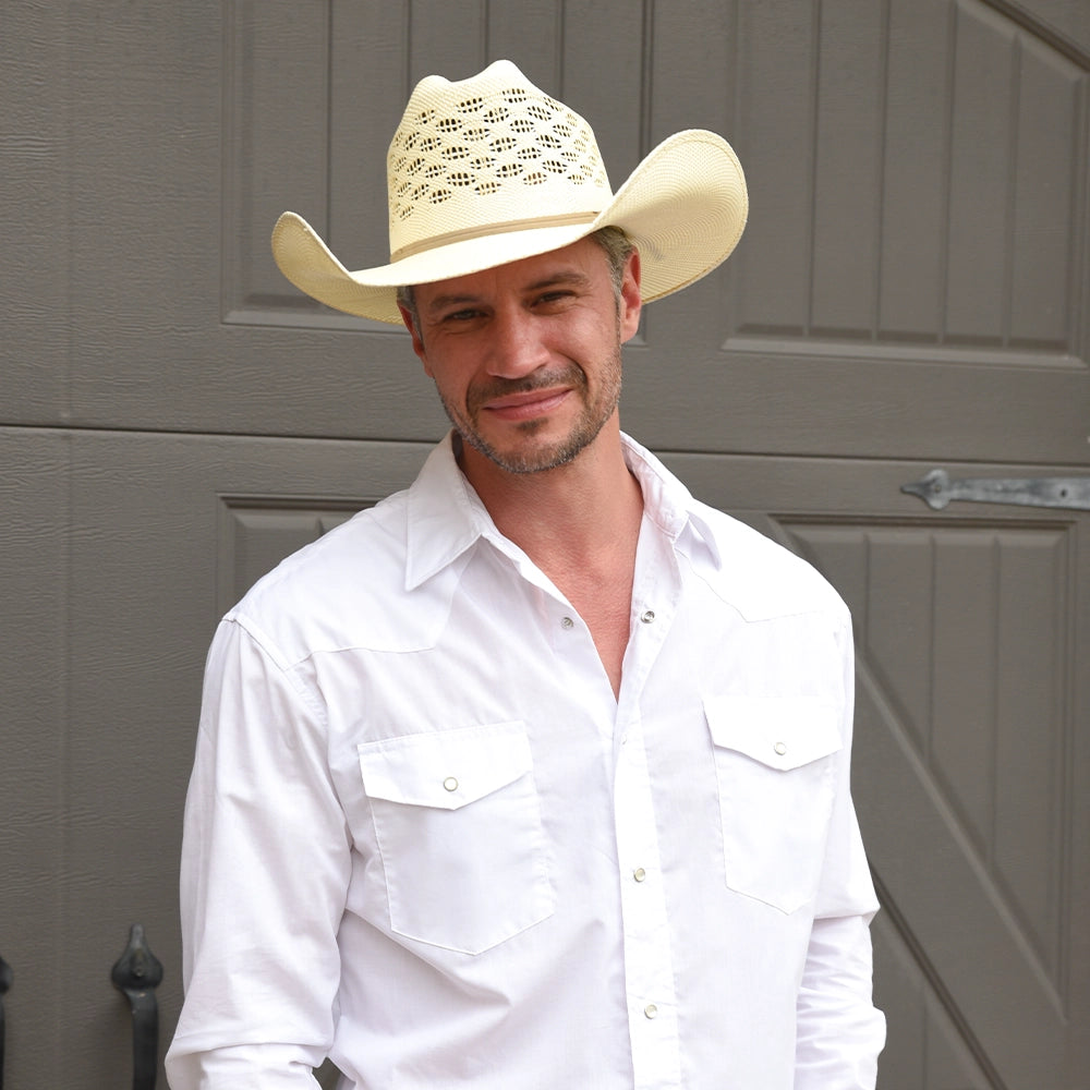 Cal | Mens Natural Vented Crown Woven Bangora Straw Cowboy Hat