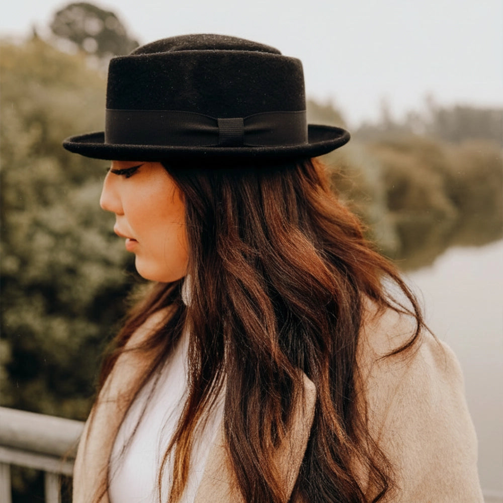 Chi-Town | Womens Black Crushable Wool Felt Pork Pie Hat