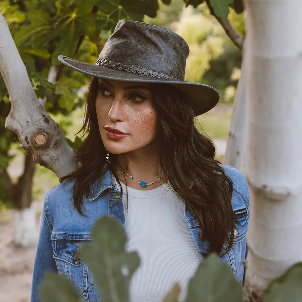 Crusher | Womens Bomber Gray Leather Crushable Outback Hat